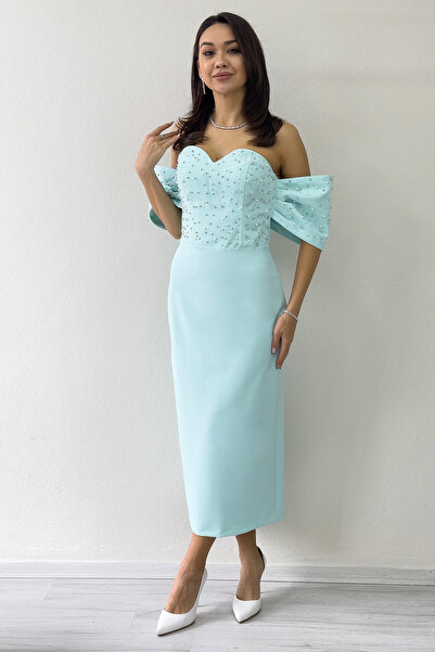 zks grup tekstil Women's Strapless Low Sleeve Pearls Midi Length Dress Water Green, Navy Blue, Red, White, Baby Blue, Black