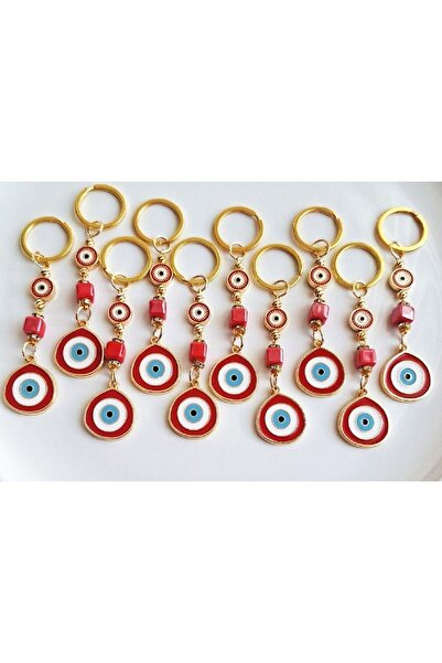 Svc Aksesuar Luxury Gift 10-Piece Large Evil Eye Beaded Red Keychain 10.5 cm