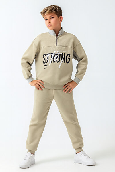 AHENGİM Boy's Brooklyn Stay Strong Printed 3 Thread Thick Winter Tracksuit Set Ak4225