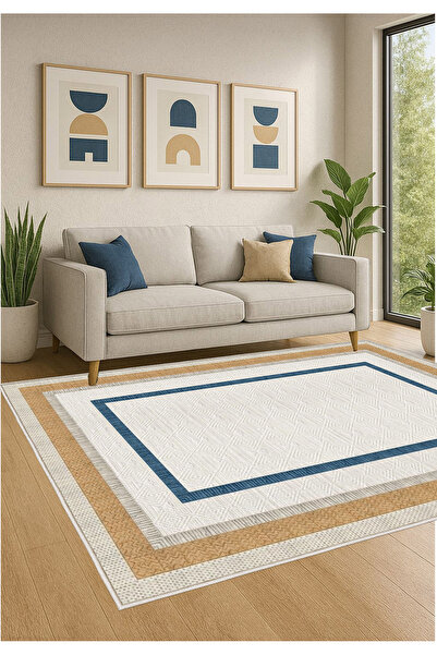 STY Home Mavi Krem Dijital Baskı Halı Kaymaz Tabanlı Yıkanabilir Halı Yolluk ...