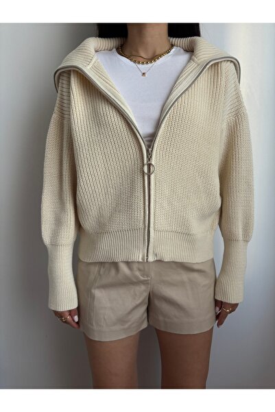 LOTUS CITY Ekru Devrik Yaka Fermuarlı Triko Hırka