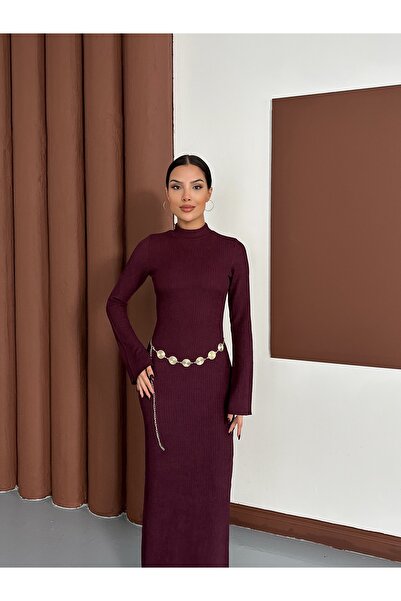 LE CARAMBOLE Women's Burgundy Belt Detailed Long Dress