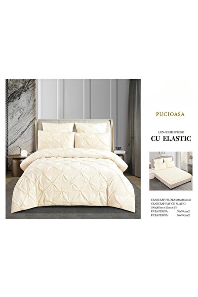 OEM Double Bed Linen Set with Elastic, Pleats, Uni, Pucioasa, 6 Pieces, Cream