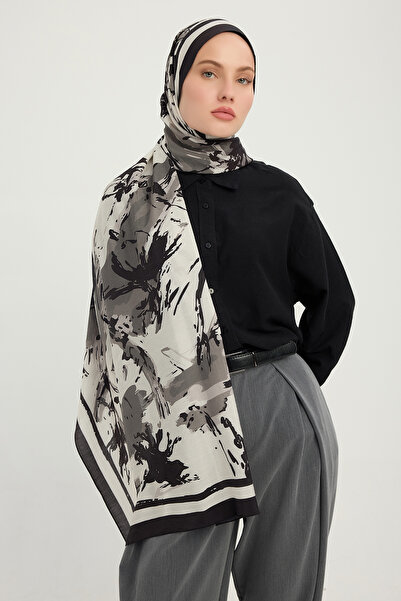 Schaless Özgür Brushes - Gray - Vierra Patterned Viscose Scarf - 70x190 cm