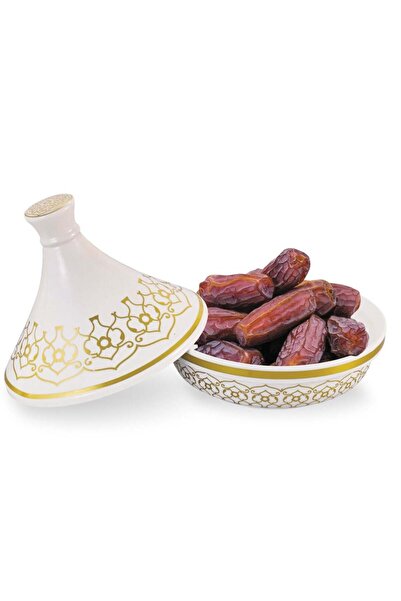 Bien Servi Decorative and Elegant Dates Bowl with White and Gold Lid, 7 Inch