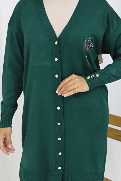 benguen Collar Detailed Long Mercerized Cardigan N3260 Emerald Green