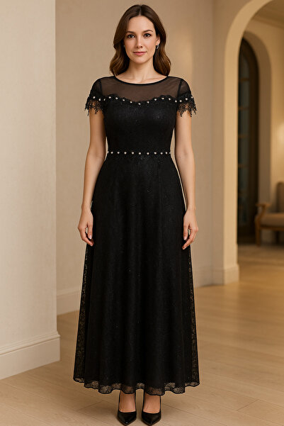 sweetyar Uzun Kollu Dantel Detaylı Piliseli Şifon Abiye Elbise