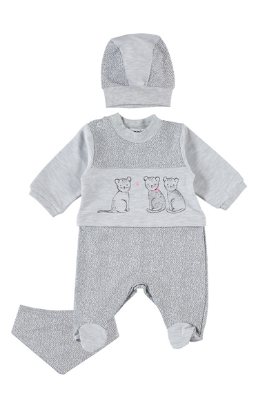 hepbaby طقم رومبير للأطفال باللون الرمادي مع نقش القطط ومريلة