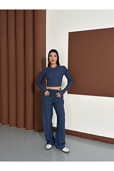 MODAMERSİ Women's Indigo Finger-Tied Ruffle Fabric Top and Bottom Set