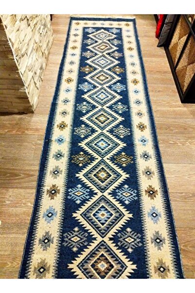 OEM Covor tradițional, iută, dimensiune 80 x 300 cm Albastru și crem, model Romb