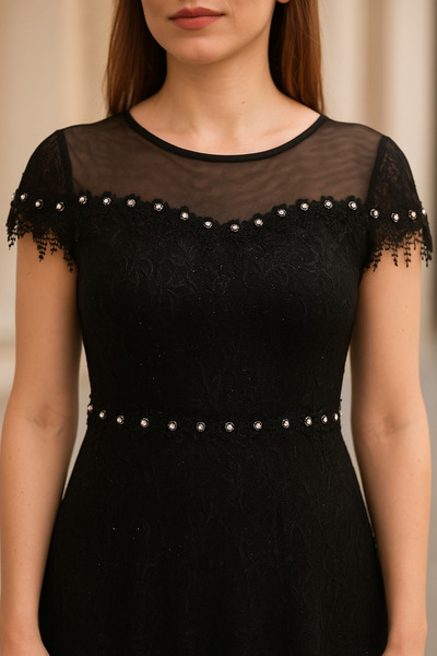 sweetyar Uzun Kollu Dantel Detaylı Piliseli Şifon Abiye Elbise