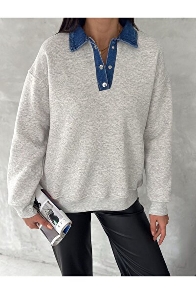 Noa Noa Denim Collar Detailed Long Sleeve Sweatshirt