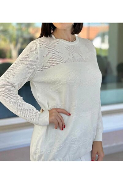 GALA WOMAN Long Sleeve Openwork Knit Sweater with Mesh Detail