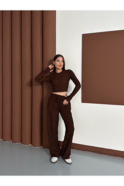 MODAMERSİ Women's Brown Slip-On Ruffle Fabric Top and Bottom Set