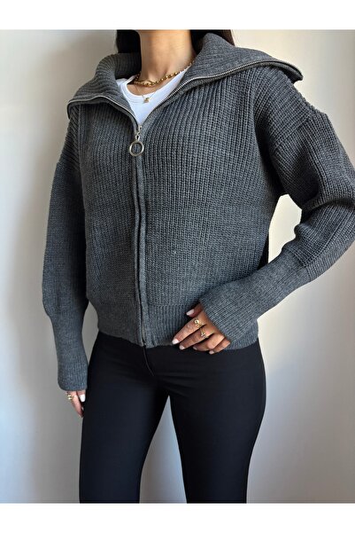 LOTUS CITY Antracitový pletený svetr se zapínáním na zip