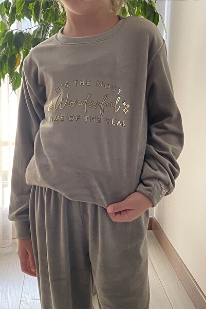 sharin Set de pijamale pentru fete, verde, cu mâneci lungi, din catifea, cu gât rotund, 10E-2356