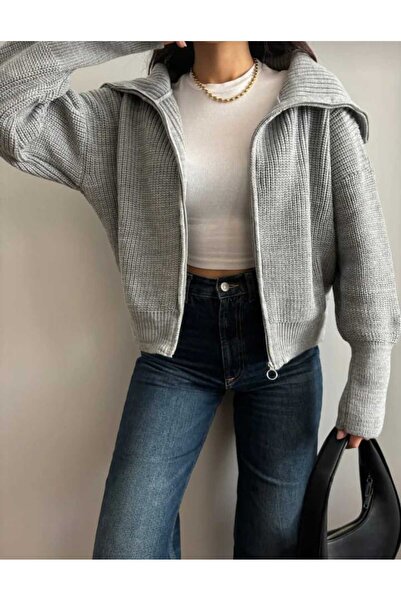 LOTUS CITY سترة تريكو بسحاب وياقة مقلوبة باللون الرمادي