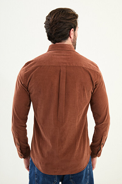Mcr Plain Slim Fit Embroidery Detailed Velvet Men's Shirt Camel - 27109.25K