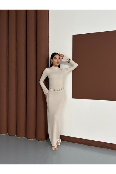 LE CARAMBOLE Γυναικείο μακρύ φόρεμα με λεπτομέρεια σε μπεζ χρώμα