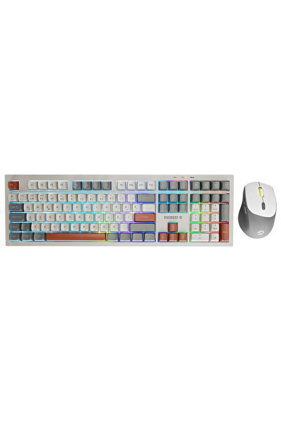 Everest KM-78 Rena Krem/Gri/Kahve Kablosuz 2.4 + BT RGB Sessiz Q Su Dayanıklı Klavye + Mouse Set