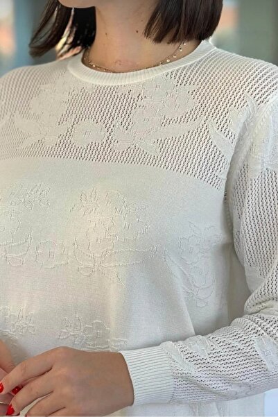 GALA WOMAN Long Sleeve Openwork Knit Sweater with Mesh Detail