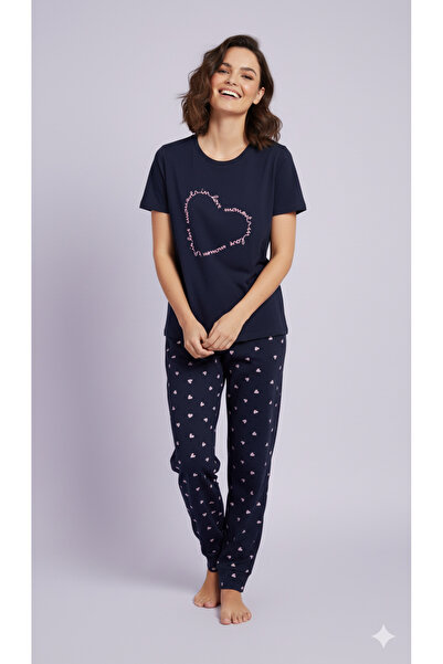 fames Set de pijamale de damă din bumbac pieptănat, cu mânecă scurtă