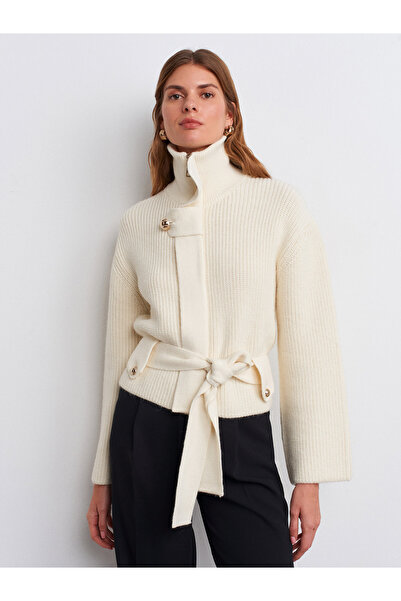 Dilvin 60988 Zippered Belted Buttoned Wool Knitwear Cardigan-Ecru
