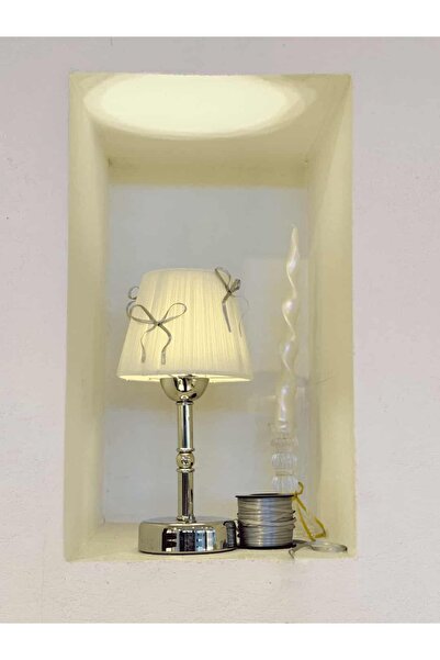 Maison Avf Krem Kadife Gümüş Fiyonk Kablosuz Pilli Masa Lambası - Alt Uzun Gümüş