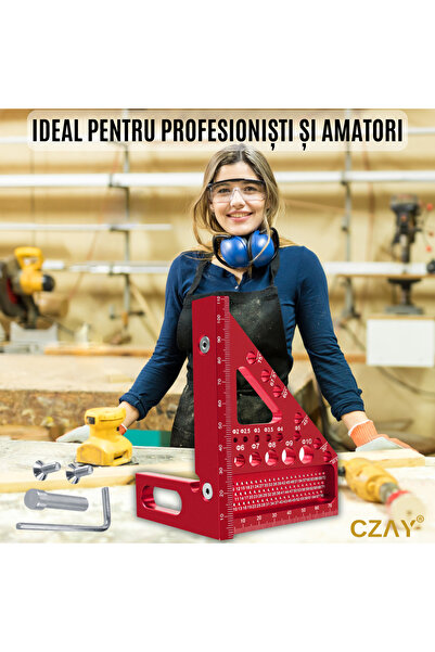 CZAY Vinclu 45/90, echer 3D, unghiuri de 22,5 și 90, riglă triunghiulară de precizie 0,1 mm/ 0,004