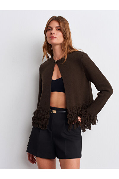 Dilvin 60993 Püsküllü Düğmeli Triko Hırka-Kahve