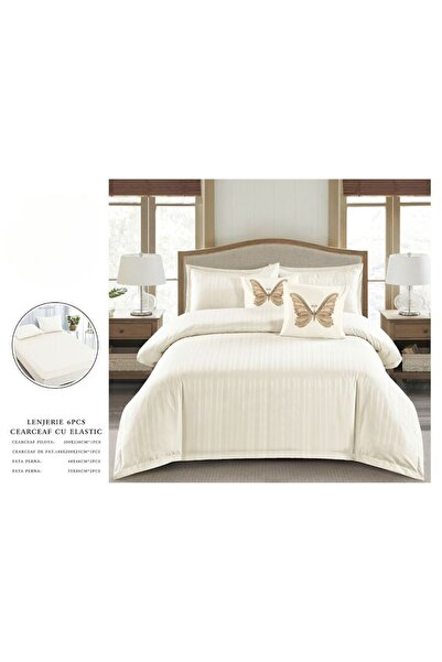 OEM Set Double Bedding, Plain, Finet Damask, 1 cm Stripe, 6 Pieces, Elastic Bed Sheet 180x200 cm, Duvet