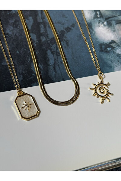 roshel 3'lü Çelik Gold Renk Kolye Seti Spiral Güneş-İtalyan Zincir-Kuzey Yıldızı