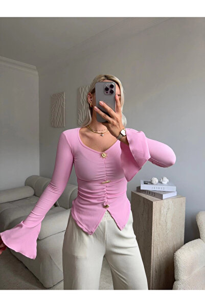 Zora Butik Kolları Volanlı Aksesuar Bluz - PEMBE