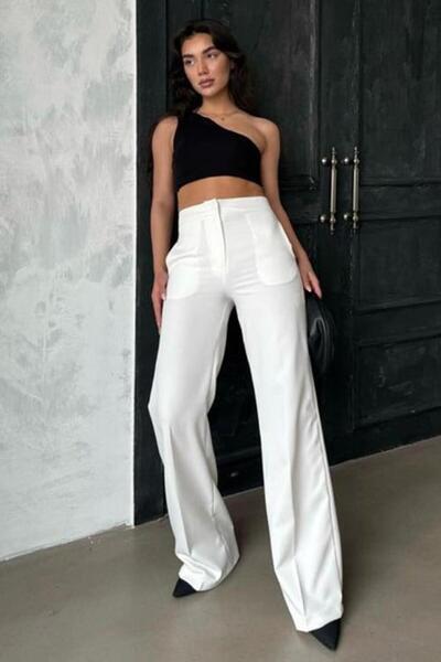 Seeh Pantaloni albi din material textil talie înaltă SH325