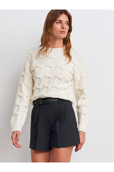 Dilvin 10825 Embossed Detailed Knitwear Sweater-Ecru