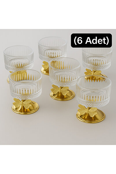 Fiyakalı Ürünler Atölyesi 6-Piece Elysia Glass Magnolia Bowl with Stand, Without Lid, Ice Cream Bowl, Sugar Bowl, Snack Bowl, Jam Bowl