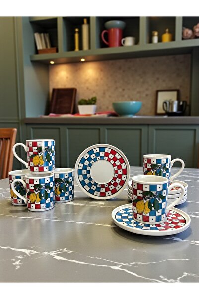 ferayhome Porselen Kahve Fincan Seti 6 Kişilik Damalı Limonlu Desen - Feray Home