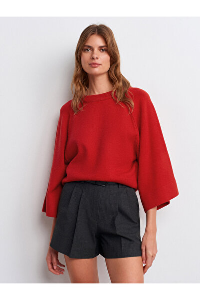 Dilvin 10818 Πλεκτό πουλόβερ με φαρδύ μανίκι-Κόκκινο