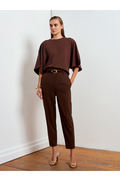 Dilvin 72198 Παντελόνι με ζώνη και ψηλή μέση-Καφέ