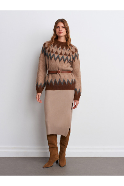 Dilvin 10822 Pulover din tricotaje amestecate de alpaca cu șal - maro