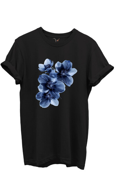 WİDİ Γυναικείο μπλουζάκι με λαιμόκοψη με μπλε λουλούδια, 100% βαμβάκι, κανονική εφαρμογή