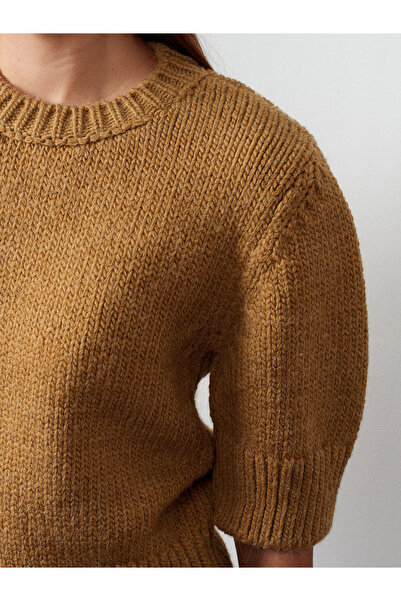 Dilvin 10821 Crew Neck Short Sleeve Knitwear Sweater-Light Khaki