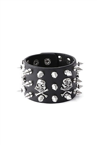 Karakedi Black Gothic 3 Stripe Skull Spiked Detailed Leather Bracelet