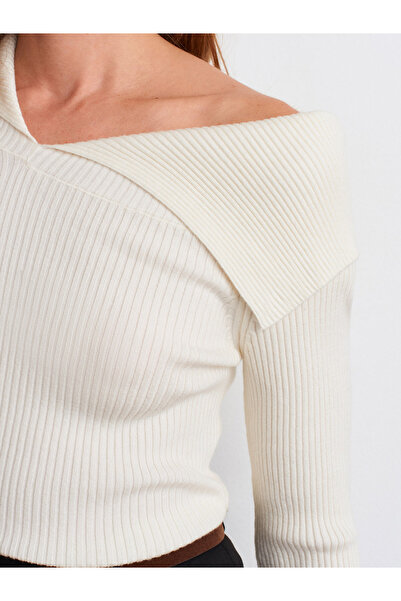 Dilvin 10815 Asymmetrical Collar Wool Blend Knit Blouse-Ecru