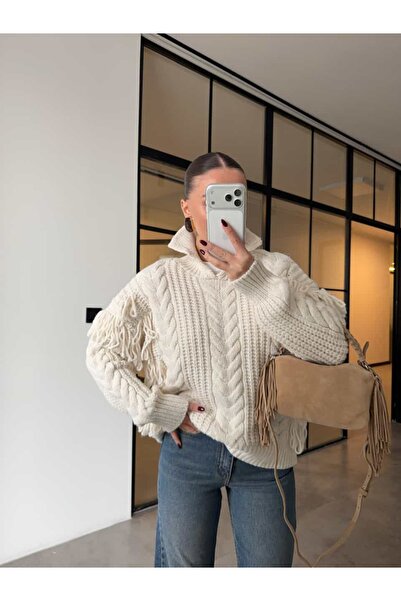 BB Bensu Buyruk PULOVER ECRU CU FRĂȘĂ PĂRĂȚĂ, CU FRĂȘĂ PĂRĂȚĂ