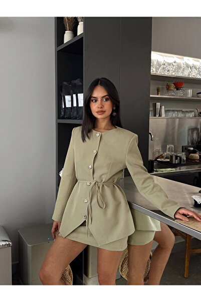 MYDDUKKAN Belden Bağlamalı Yeşil Blazer Ceket