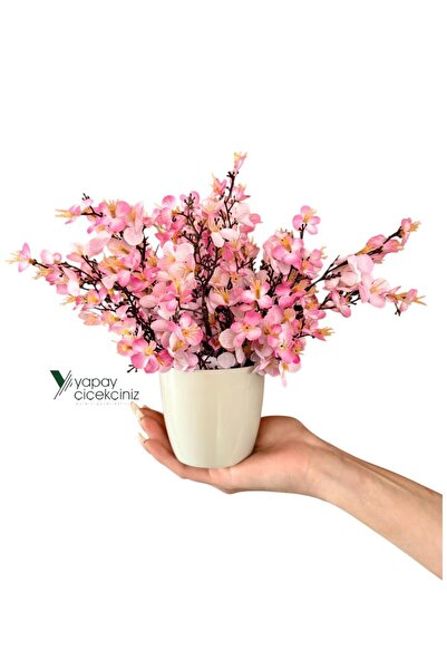 YAPAY ÇİÇEKÇİNİZ Dekoratif Saksıda Yoğun Yapraklı Yapay Sakura Bahardalı Ağacı
