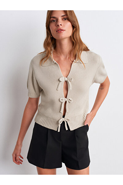 Dilvin 10809 Bowknot Knitwear Top-Stone