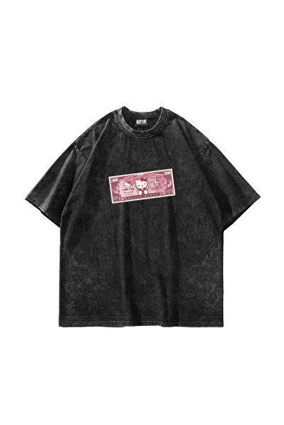 Sekizbiraltı H. Kitty Money Printed Oversize Unisex Washable Black Tshirt