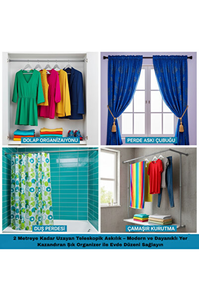 aselcsr 2 Metre Uzayan Teleskopik Askılık – Ayaklı, Modern, Yer Kazandıran Or...